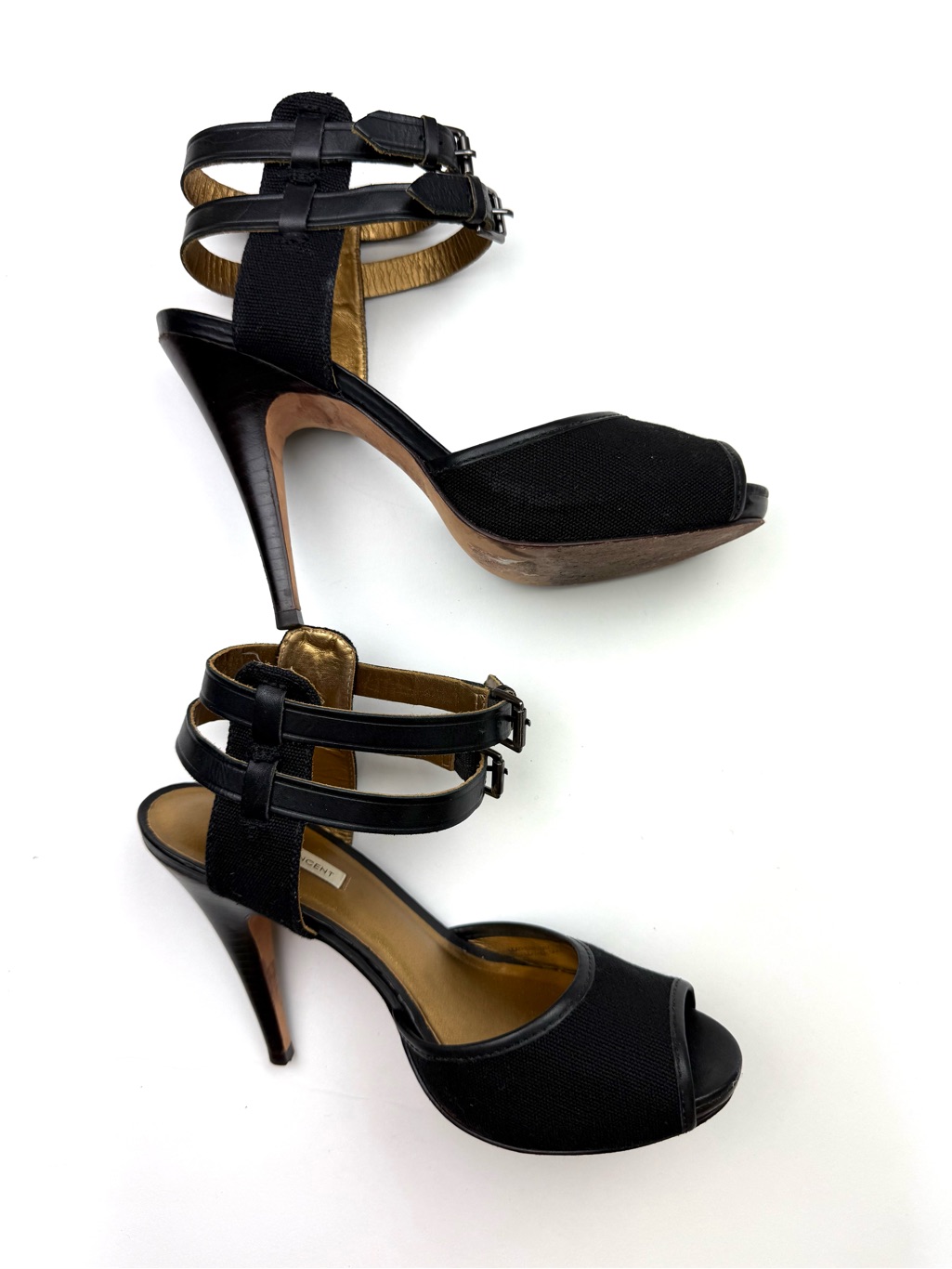 Cynthia Vincent Black Double Buckle Strap Peep Toe 5 Inch Heels